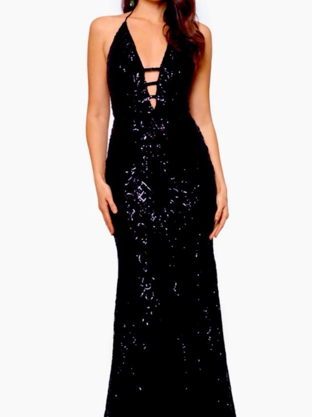 Blondie Nites Black Sequin Plunge Halter Gown